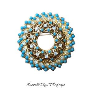Vintage Sarah Cov gold tone rhinestone and faux turquoise brooch. Free shipping